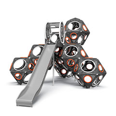 Rendered combination of metal colourful playcubes which create playful play units for playgrounds with experiences like climbing, sliding and balancing.